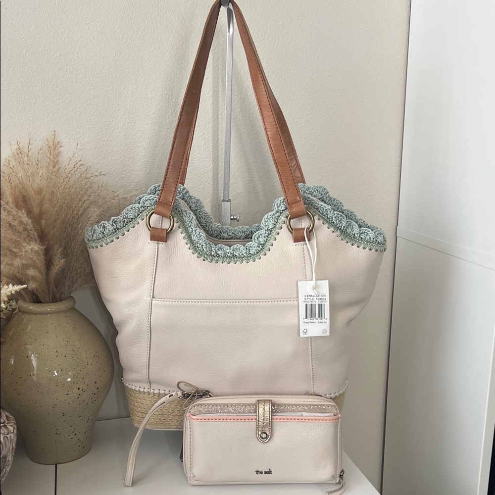The Sak Cream Tote with Tan and Green Details